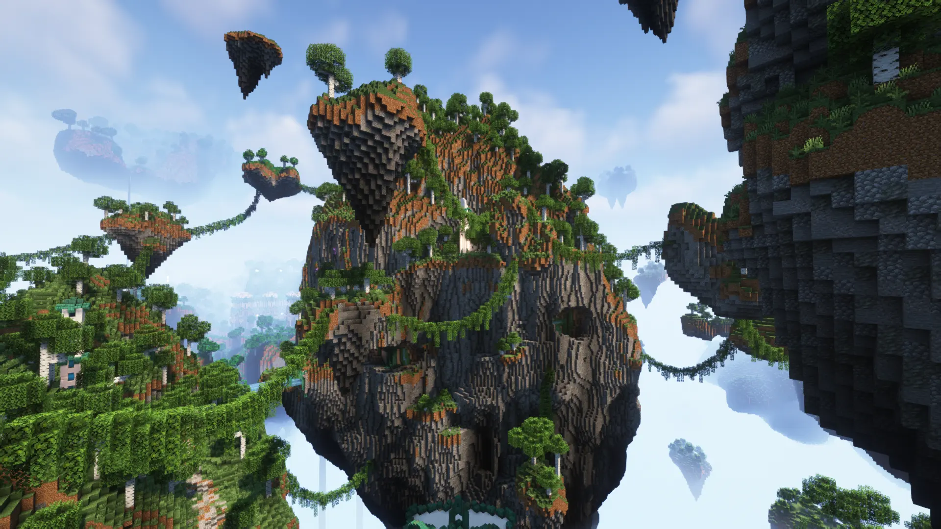 A series of floating islands connected by vines
